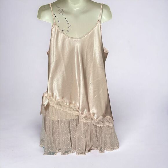 Vtg Keyloun Satin semi-sheer Mesh Lace Trim Chemise Slip Dress Peach Pink Size L - Picture 7 of 12